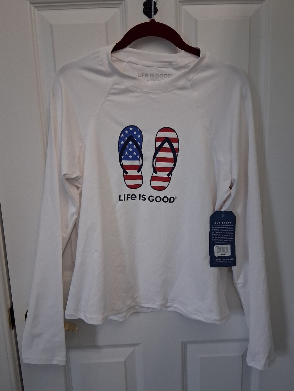 Life Is Good Women's White Rash Guard with Flag Flip-Flop Graphic - Picture 2 of 9